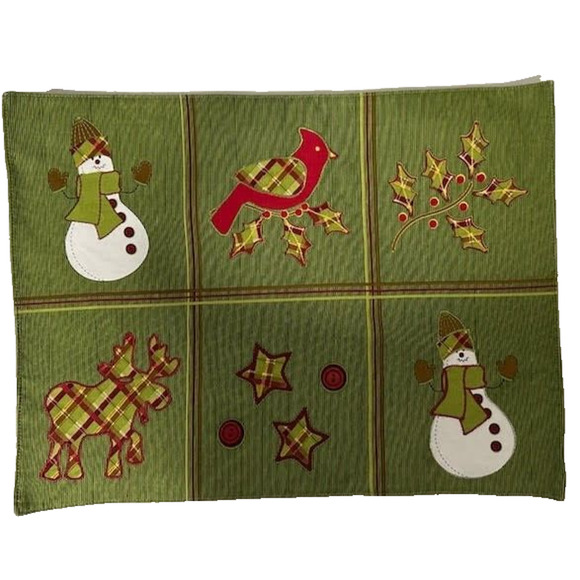 Embroidered Christmas Placemats 4 pc Trim A Home Snowman Cardinal Holly Holiday - Picture 1 of 6